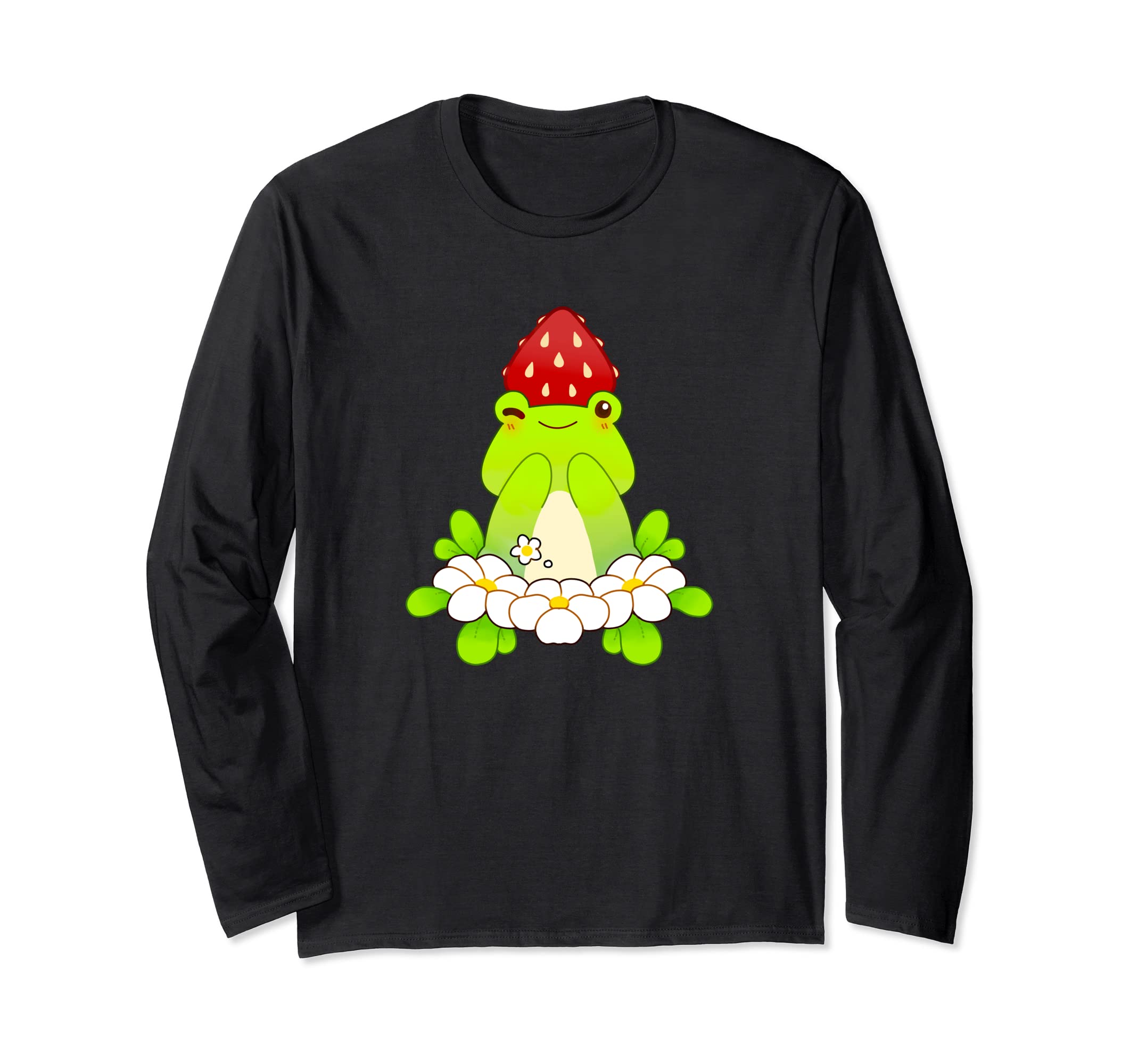 Kawaii Frog with Strawberry Hat Cottagecore Aesthetic Long Sleeve T-Shirt