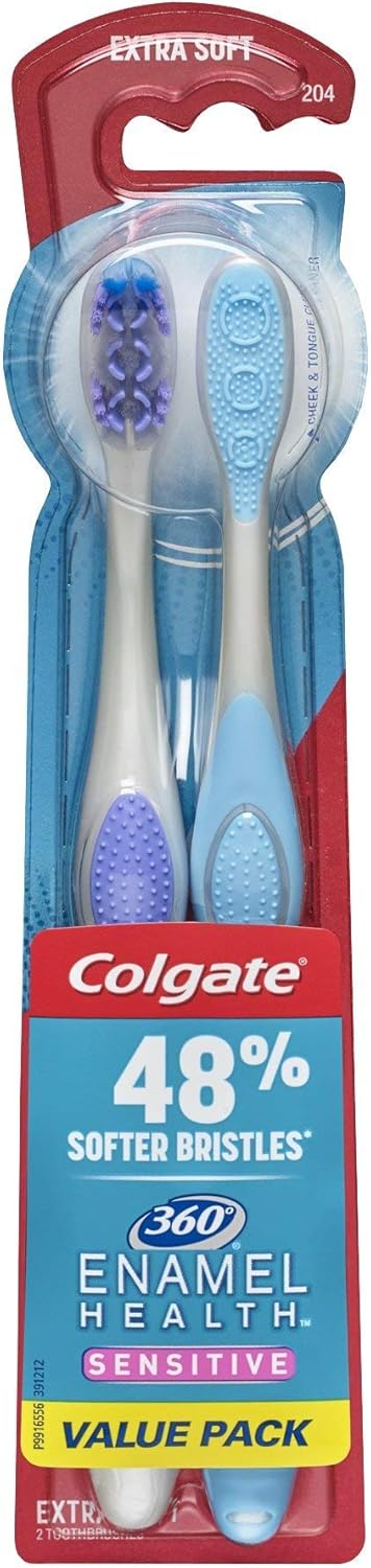 Colgate 360 Enamel Health Sensitive Toothbrush, Extra Soft Bristle Toothbrush for Sensitive Teeth and Gums - 2 Count: Health & Personal Care