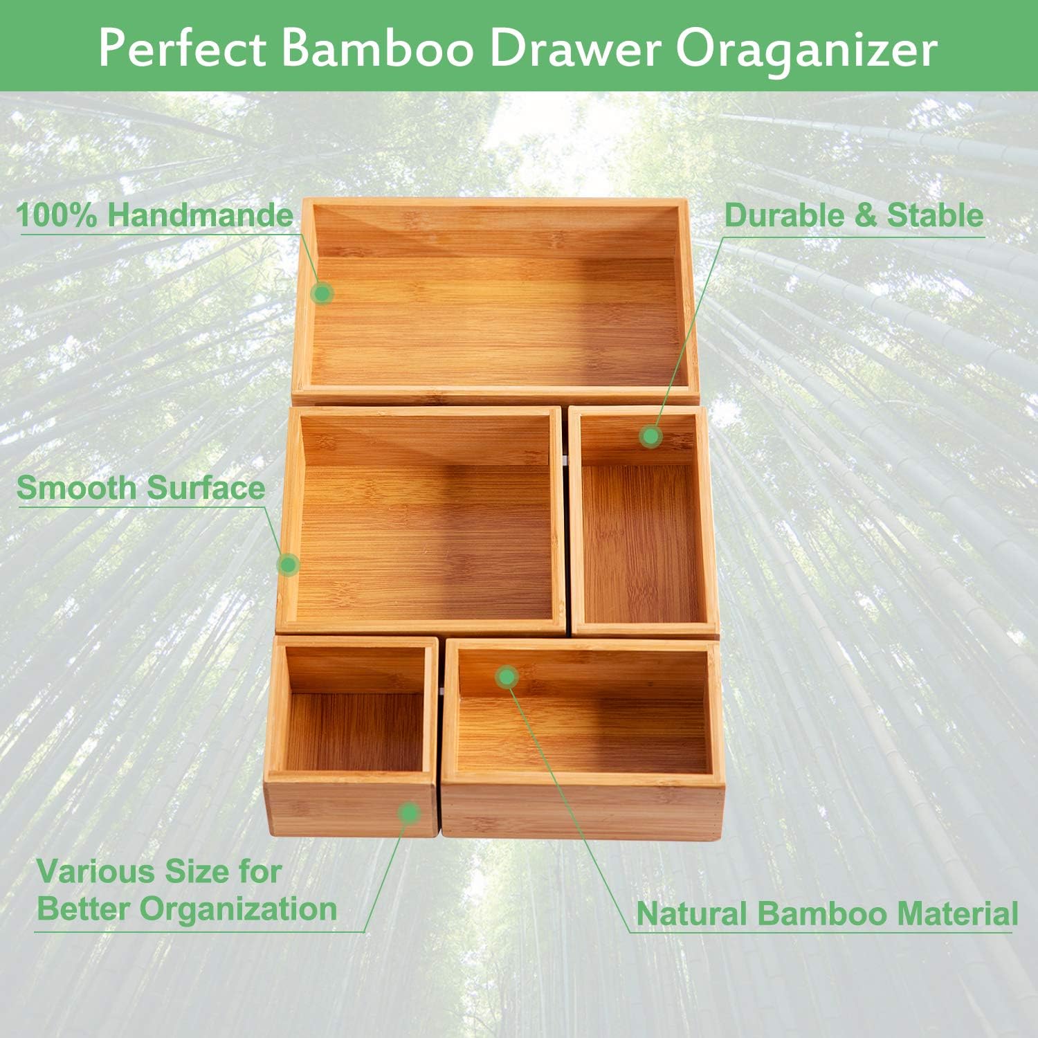 5 Piece Bamboo Drawer Organizer Set, Luxury Wooden Desk Storage Box Kit, Multi-use Junk Drawer Organizer for Office, Kitchen, Bedroom, Children Room, Craft, Sewing : Office Products