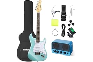 MOSEN MUSIC MOSEN 39in Full Size Beginner Electric Guitar Starter Kit, Beginner Starter, with Amplifier, SSS Pickups, Gig Bag, Pick, Tunner, Capo, Cable, Tremolo Bar, Wiping cloth - Blue