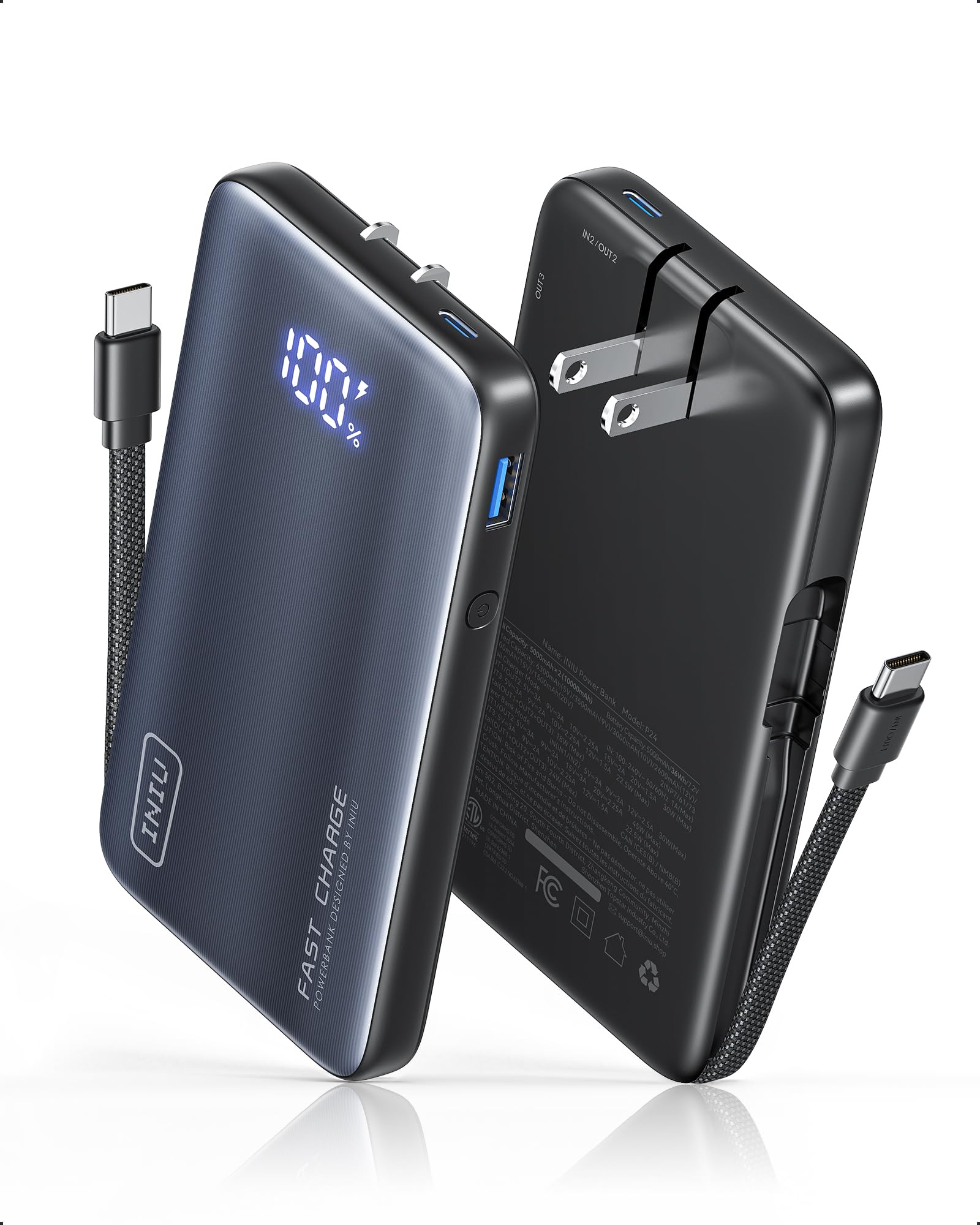 INIU 3-in-1 Power Bank with Built-in Foldable AC Wall Plug & USB C Cable, Slimmest 45W Max Fast Charging 10000mAh Portable Charger for Travel Essentials, for iPhone 17/16/15, Samsung, iPad, Laptop etc