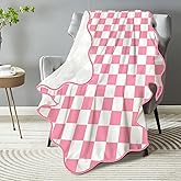 Pink Checkered Scalloped Throw Blanket for Teen Girls Women, Preppy Pink and White Gingham Blanket, Coquette Soft Cute Lightweight Blanket Throw, Girly Room Decor for Sofa Couch Travel Bed 50" x 60"