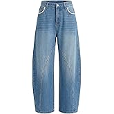 Women's Baggy Barrel Jeans Wide Leg Lace Trim Denim Pants Mid Rise Casual Loose Y2K Vintage Boyfriend Trousers