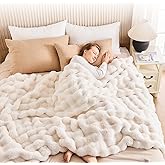 IKALIFE Cozy Faux Rabbit Fur Throw Blanket for Bed-Warm Fuzzy Throw Blanket, Soft Plush Thick Bubble Blankets for Bedroom and Living Room, Furry Luxury Blanket, 60 x 80, Cream