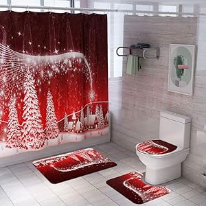 Smartcoco Christmas Series Santa Claus Snowman Reindeer Shower Curtain with Bath Mats Rugs Kit for Xmas Household Bathroom Decor