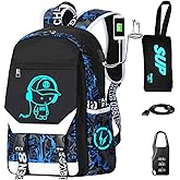 RM Family School Backpack for Boys Print Backpack Teenagers Anime Large School Bag Outdoor Reflective Daypack.Luminous Pattern Travel Laptop Backpack - With Usb Charging Port Headphone port(Blue)