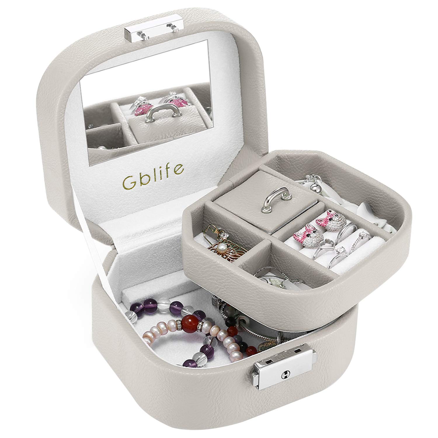 GBlife Jewellery Box, Jewel Box Organiser Display Case PU Leather Woman, Double Layers 5 Compartments, Storage Box Necklaces, Bracelets, Earrings, Hairpins, Cufflinks (Grey)