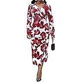 Women's Casual Button Up Elegant Print Tie Waist A-Line Midi Shirt Dress
