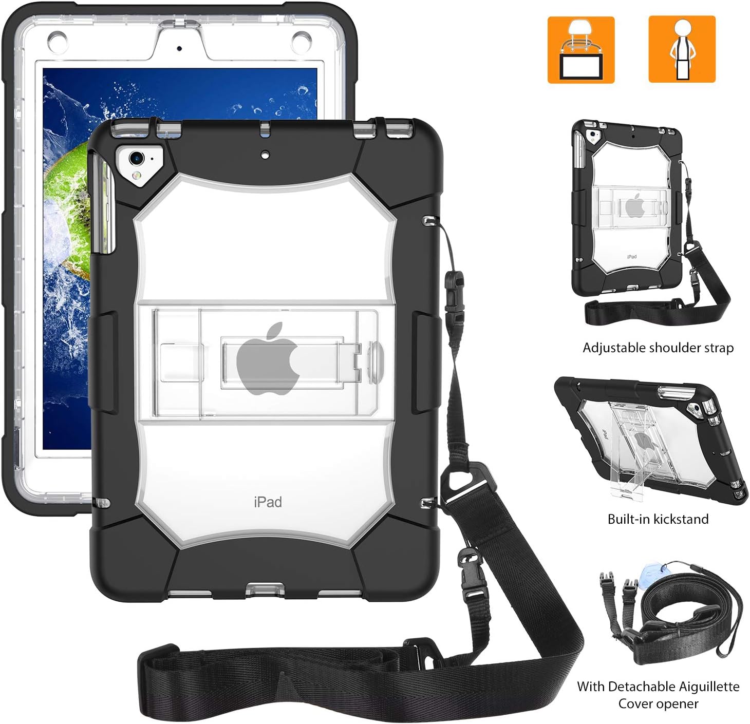 iPad Air 2/iPad 9.7 2017/2018/iPad Pro 9.7/iPad Air Case, DUEDUE 3 in 1 Heavy Duty Clear Hard PC Shockproof Shoulder Strap Durable Kickstand Full Body Protective Cover for iPad 9.7,Clear/Black