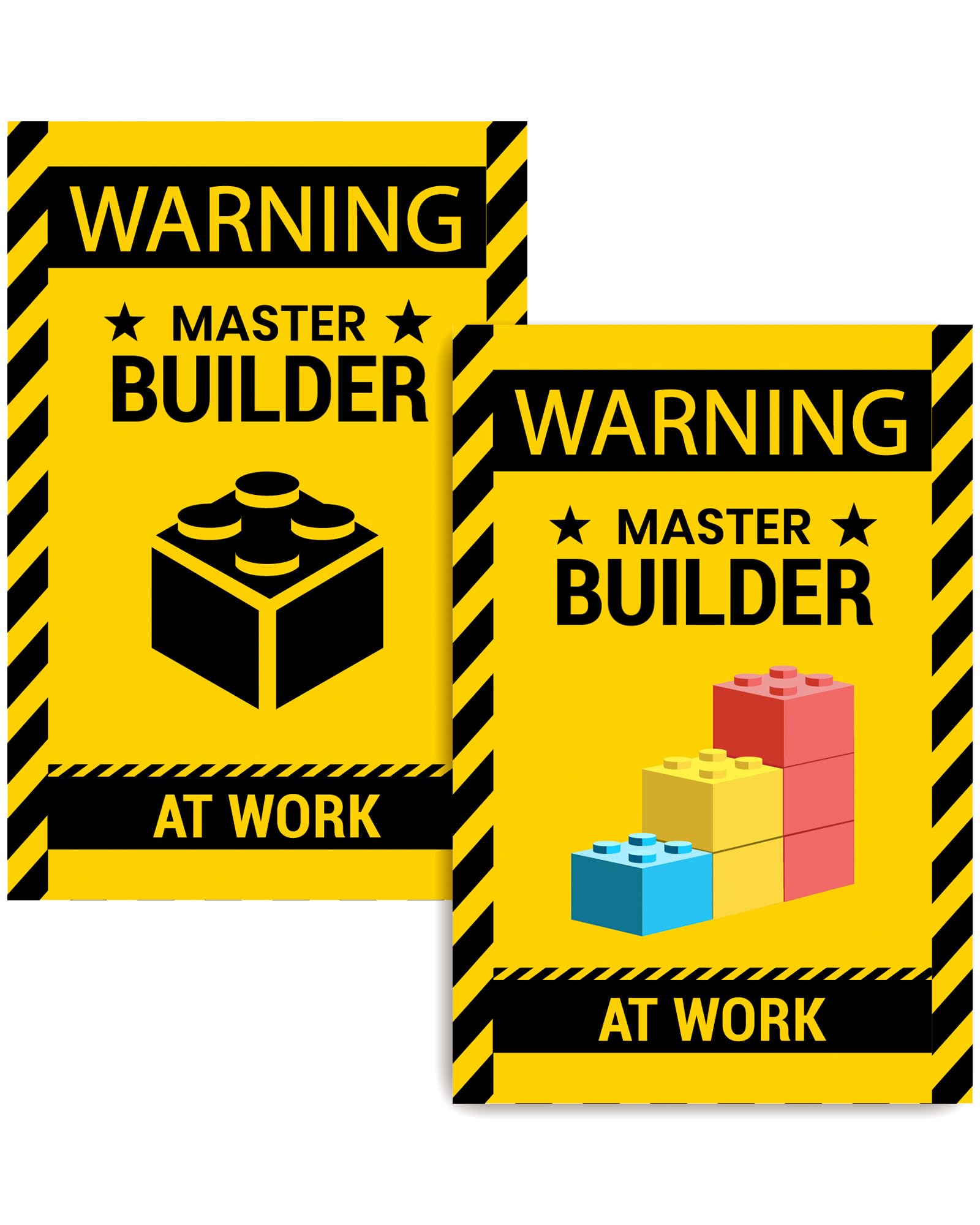 Photo 1 of 2 Pcs Wall Decor Poster Warning Master Builder at Work Sticker, Vinyl Print Building Block Bricks Door & Room Caution for Brickbuilders, Small(7”x10”)