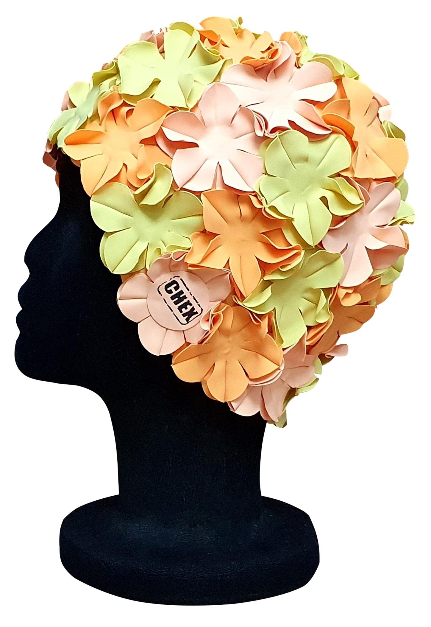 CHEX Anzio Thermal Rubber Floral Ladies Classic Retro 3D Flower Petal 3 Colour Stunning Vintage Style Swimming Hat Swim Cap Generous One Size Adults (Yellow/Orange/Pastel Peach)