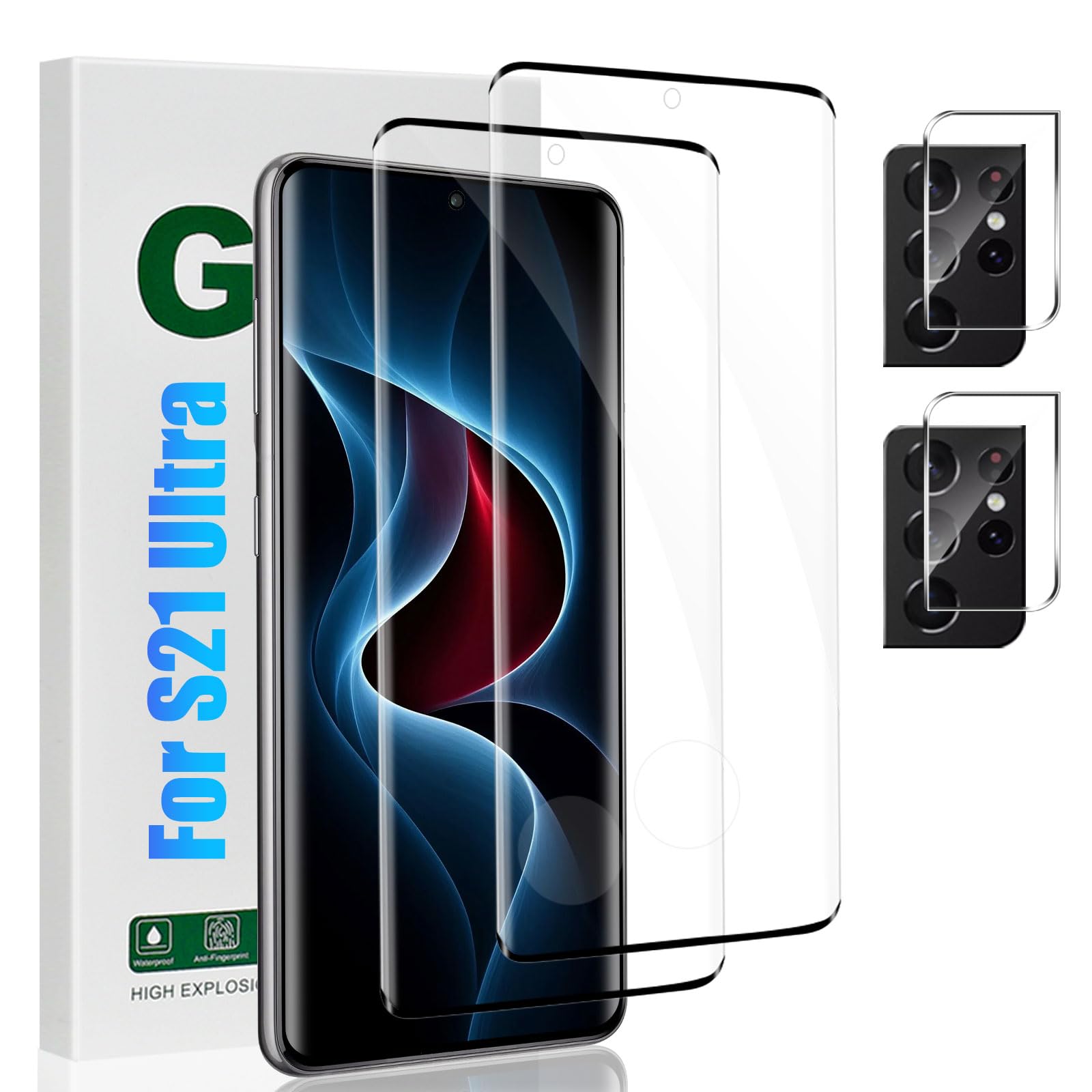 Photo 1 of [2+2 Pack] Galaxy S21 Ultra Screen Protector and Camera Lens Protector, Fingerprint Unlock, HD Clear 9H Hardness Scratch Resistant, 3D Full Coverage Tempered Glass, For Galaxy S21 Ultra (6.8 Inch)