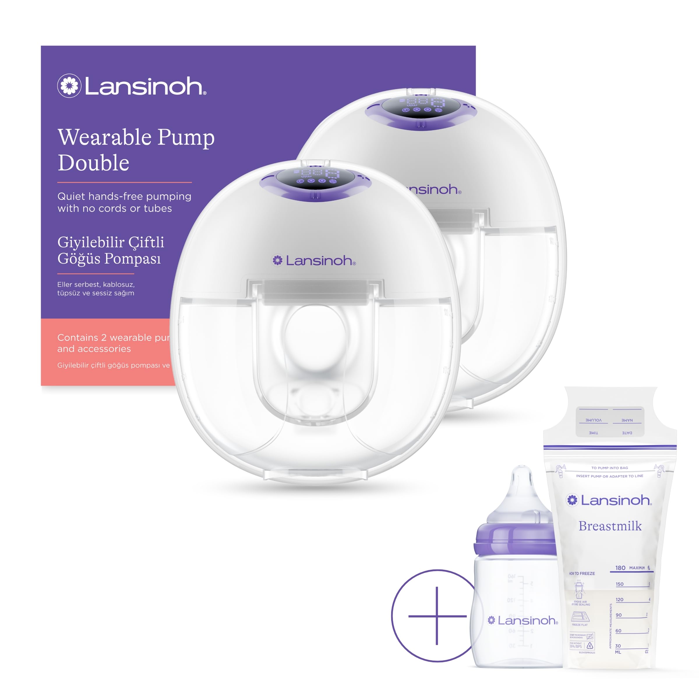 Lansinoh Wearable Electric Breast Pump Bundle - 4 Pumping Modes, 9 Suction Levels - Hands Free Portable & Quiet Pumping- LED Display - Includes 25 Breast Milk Storage Bags + Feeding Bottle (2 Pumps)