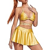 Rave Outfits for Women - EDC Sexy Music Festival Metallic Holographic Strappy Bikini Top Bottom Beach Skirt 3 pcs