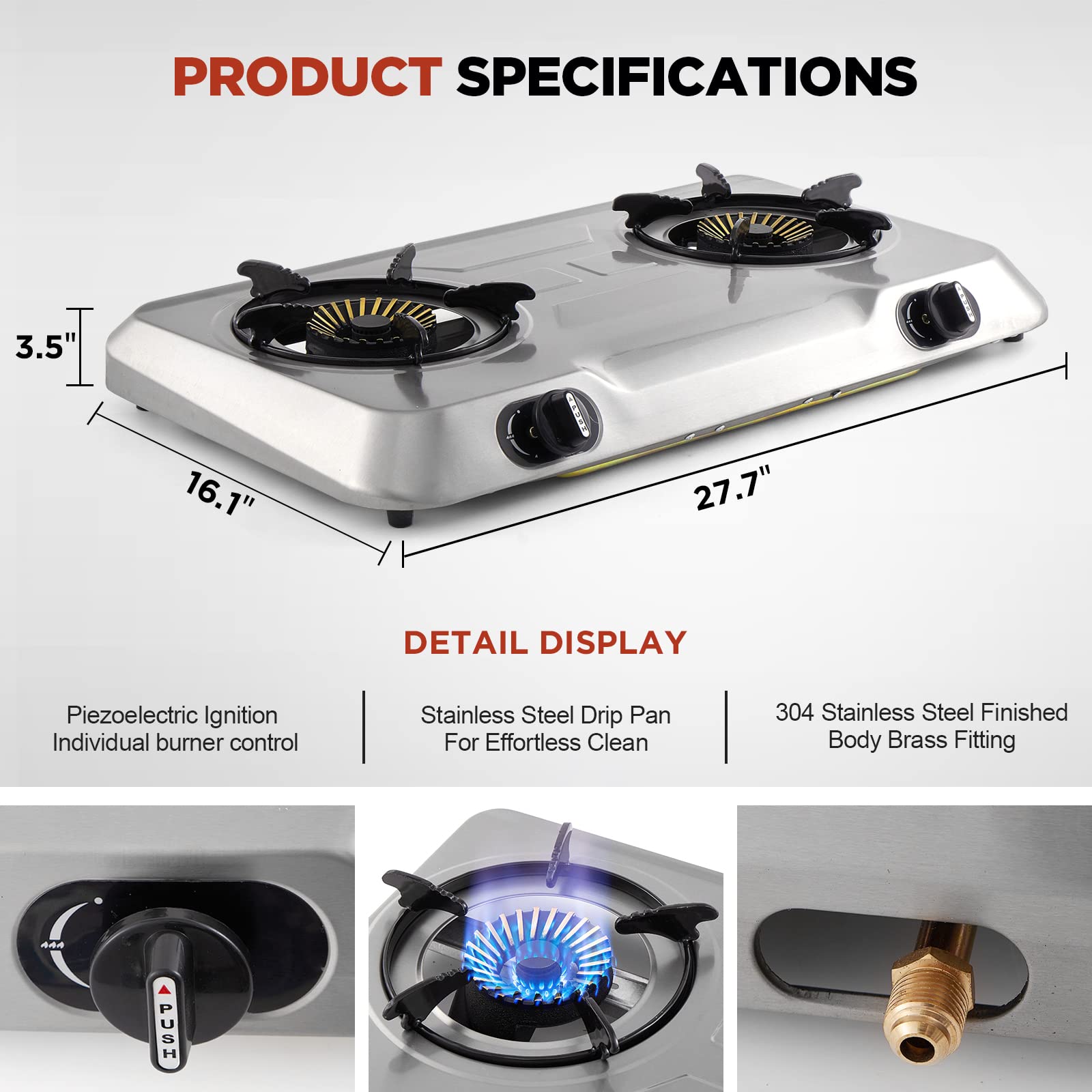 Propane Stove 2 Burner Gas Stove,Portable Stainless Steel Stove,Auto Ignition Camping Dual LPG for RV, Apartment, Outdoor