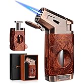 Torch Cigar Lighter with Windproof Jet Flame, Built-in V Cigar Cutter, Box for Christmas, Refillable Butane Torch Lighters, A
