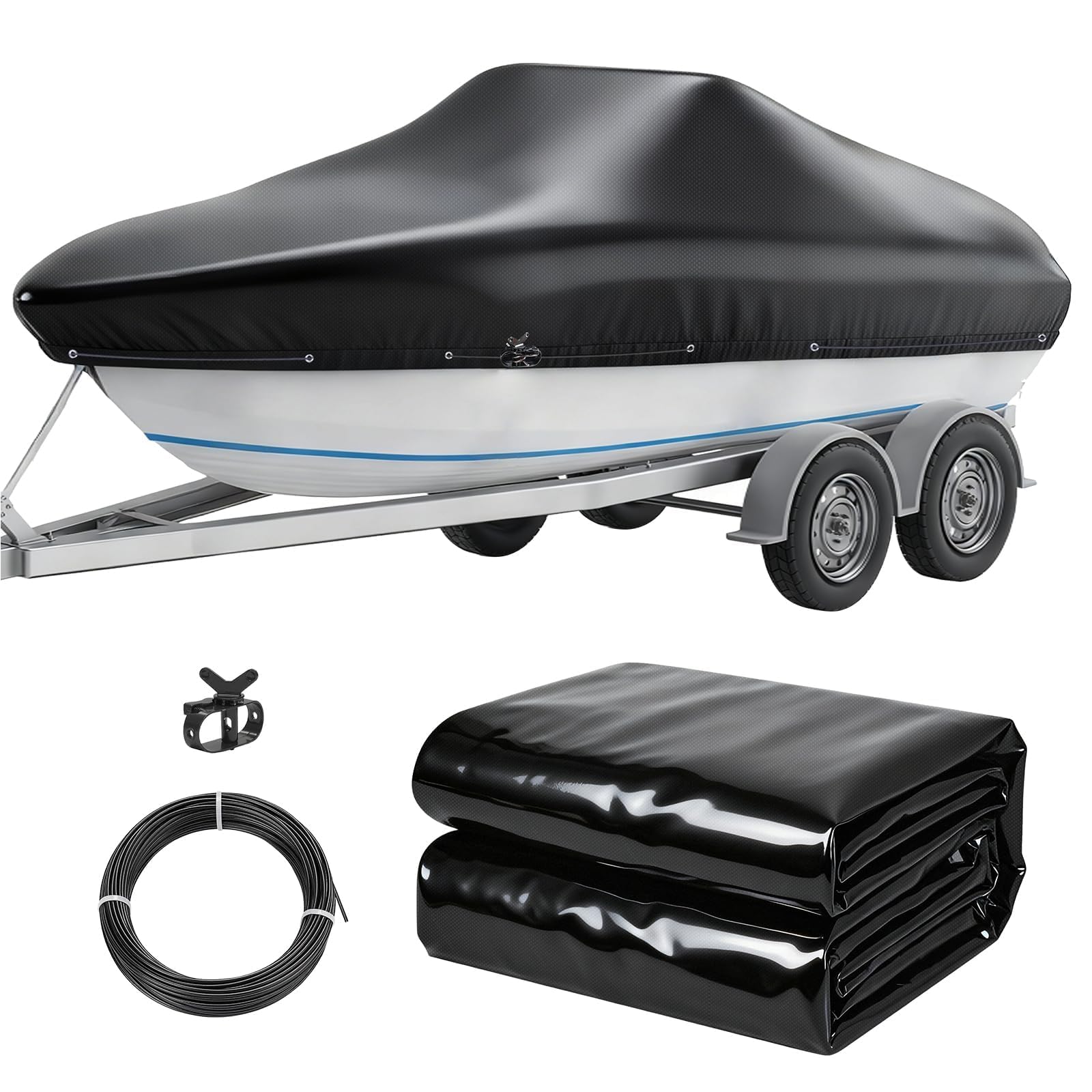 Photo 1 of fshihine Thickened Boat Cover, 17-19ft Dual-PVC Coated Heavy Duty Waterproof Trailerable Boat Cover with Winch & Cable for Tri-Hull, V-Hull, Fishing Boat, Bass Boat, 102" Wide, Black