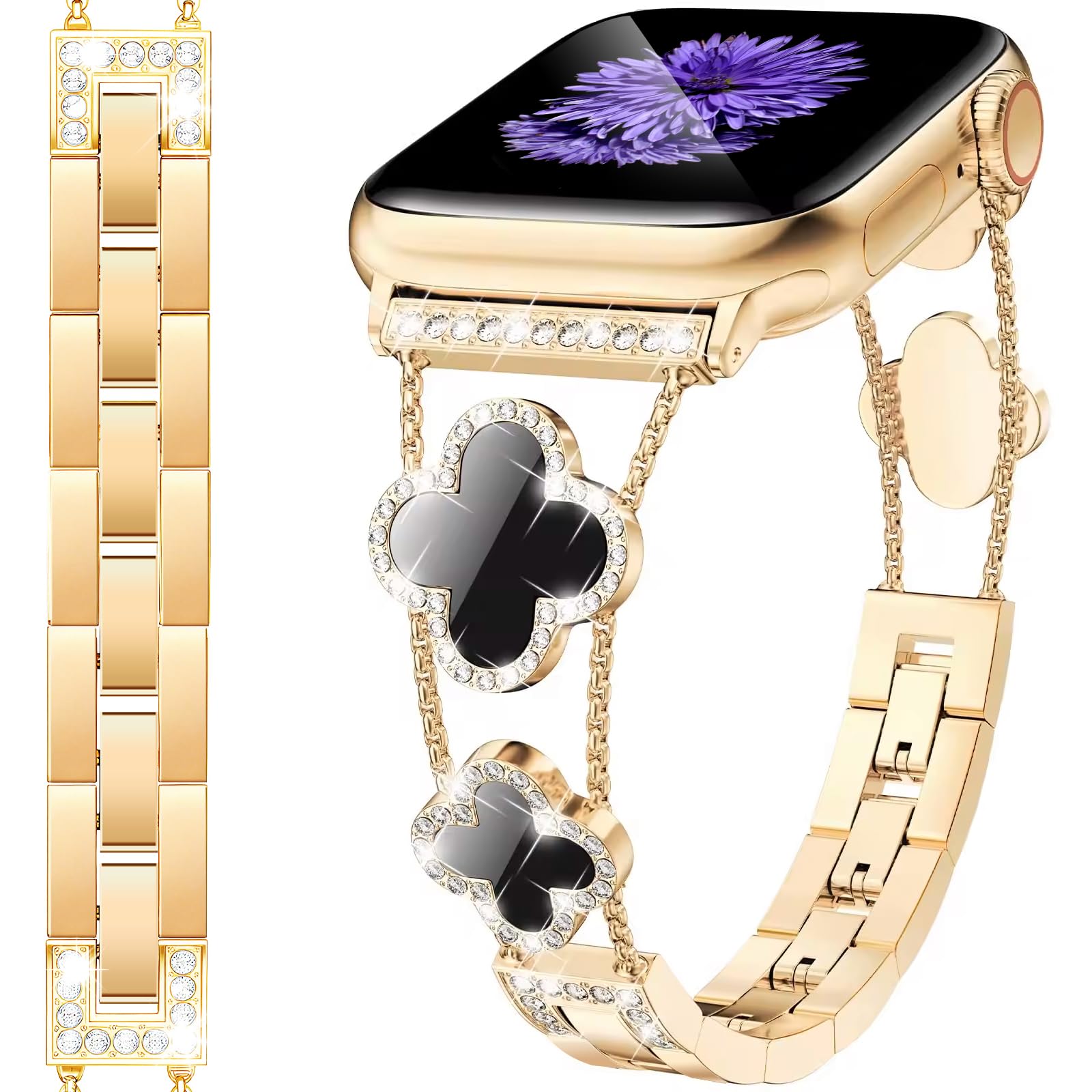 Diamond Metal Watch Band Compatible with Apple Watch 38mm 40mm 41mm 42mm 44mm 45mm 46mm 49mm Stainless Steel Watchband Clover Metal for iWatch Series 11 10 9 8 7 6 5 4 SE Ultra Women Luxury Strap