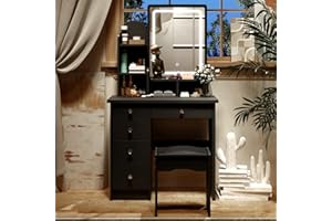 AGOTENI Black Vanity Set with Mirror, Makeup Vanity Dressing Table with Lighted Mirror, 5 Drawers, Shelves, Dresser Desk and Cushioned Stool Set