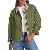 Tankaneo Womens Cropped Jacket Lightweight Casual Zip Up Barn Jackets Fall Contrast Plaid Outerwear Coat