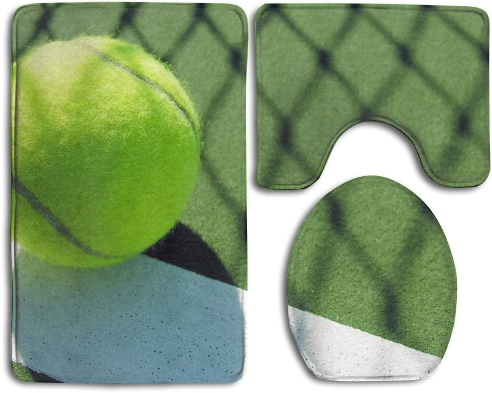 Tennis Wallpaper 3 Piece Bath Mat Rug Set Soft Skidproof Toilet Seat Cover Bath Mat Lid Cover Bathroom Rug Set