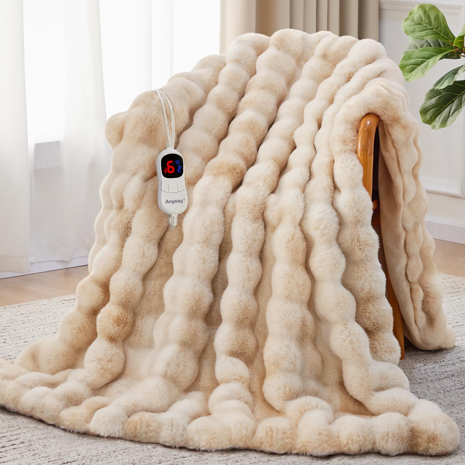 Photo 1 of Anysay Heated Blanket Full Size with 1/2/4/6/8 Hours Auto-Off 10 Heat Level, 62'' * 84'' Cozy Faux Rabbit Fur Bubble Electric Blanket with Overheat Protection(Tie-Dye Beige)
