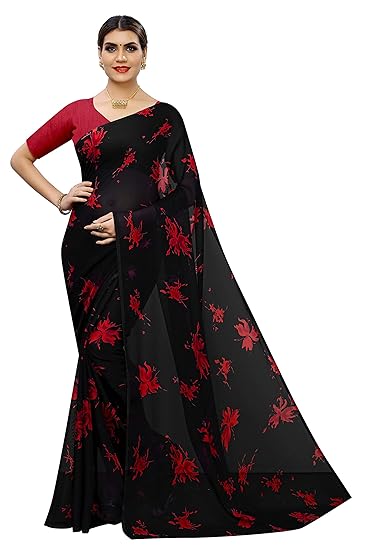 KSH Trendz Soft Georgette Crepe Blend Saree With Blouse Ideal For Women & Girls (25 DESIGNS AND PRINTS) (Black Red)