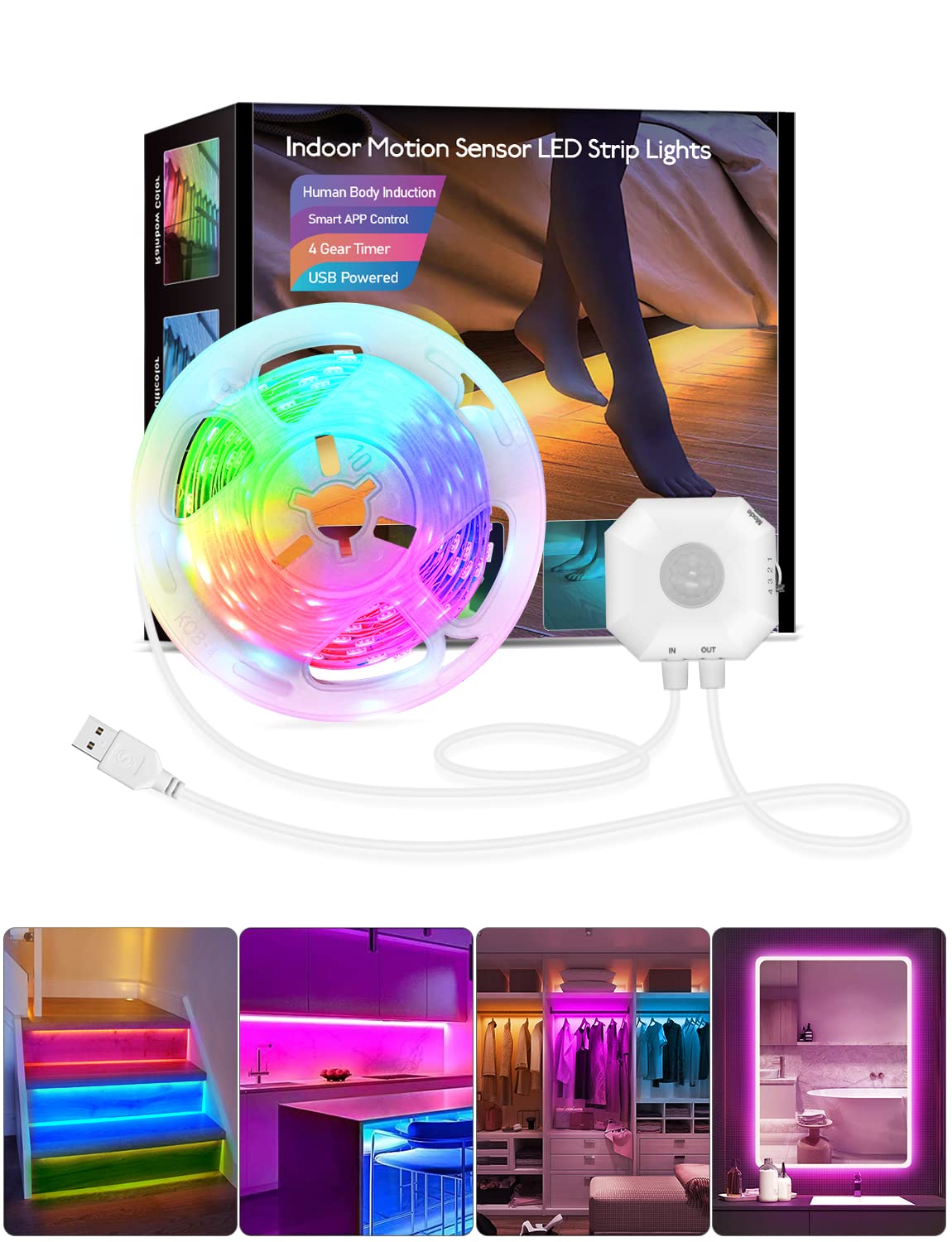 Daymeet Motion Sensor Under Bed Lights, 5M RGB Motion Activated Cabinet LED Strip Lights with Automatic Shut Off Timer App Control Cabinet Night Light Closet Lights for Hallway, Kitchen,Bedroom,Stair