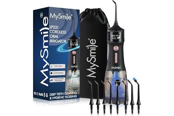 MySmile LP221 Self Cleaning Cordless Water Flossers for Teeth 335ML Portable OLED Display Dental Flosser with 4 Modes 8 Jet T