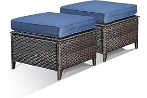 Bellefurn Patio Ottomans Set of 2 Outdoor Ottomans Wicker Foot Stools 2 Piece Footrest PE Rattan Ottomans with Thickened Cushions for Patio Garden Porch Balcony Poolside Deck, Brown|Blue