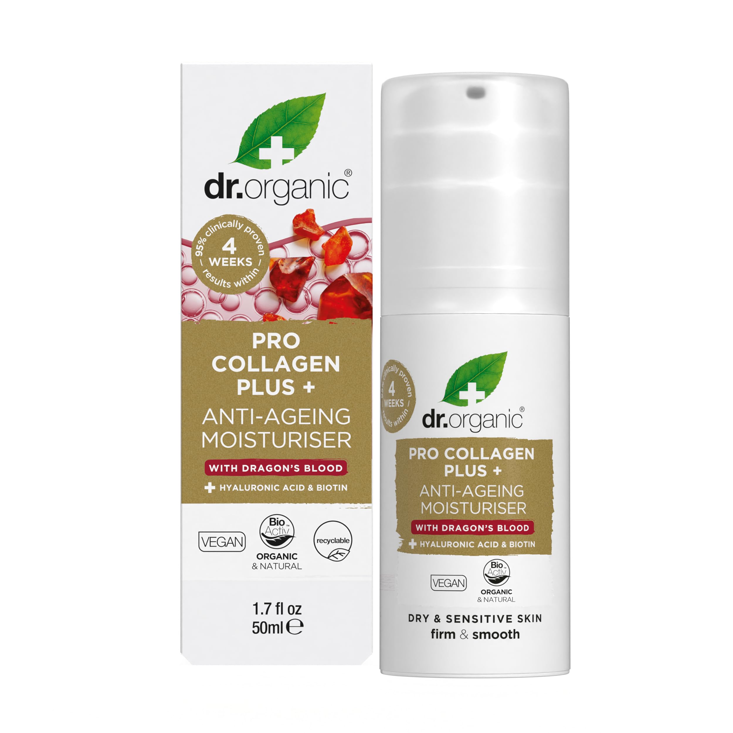 Dr Organic Pro Collagen Plus Dragons Blood, Hyaluronic Acid, Biotin, Healthy-Aging, Wrinkles, Dry & Sensitive Skin, Natural, Vegan, Cruelty-Free, Paraben & SLS-Free, Recycled&Recyclable, Organic, 50ml