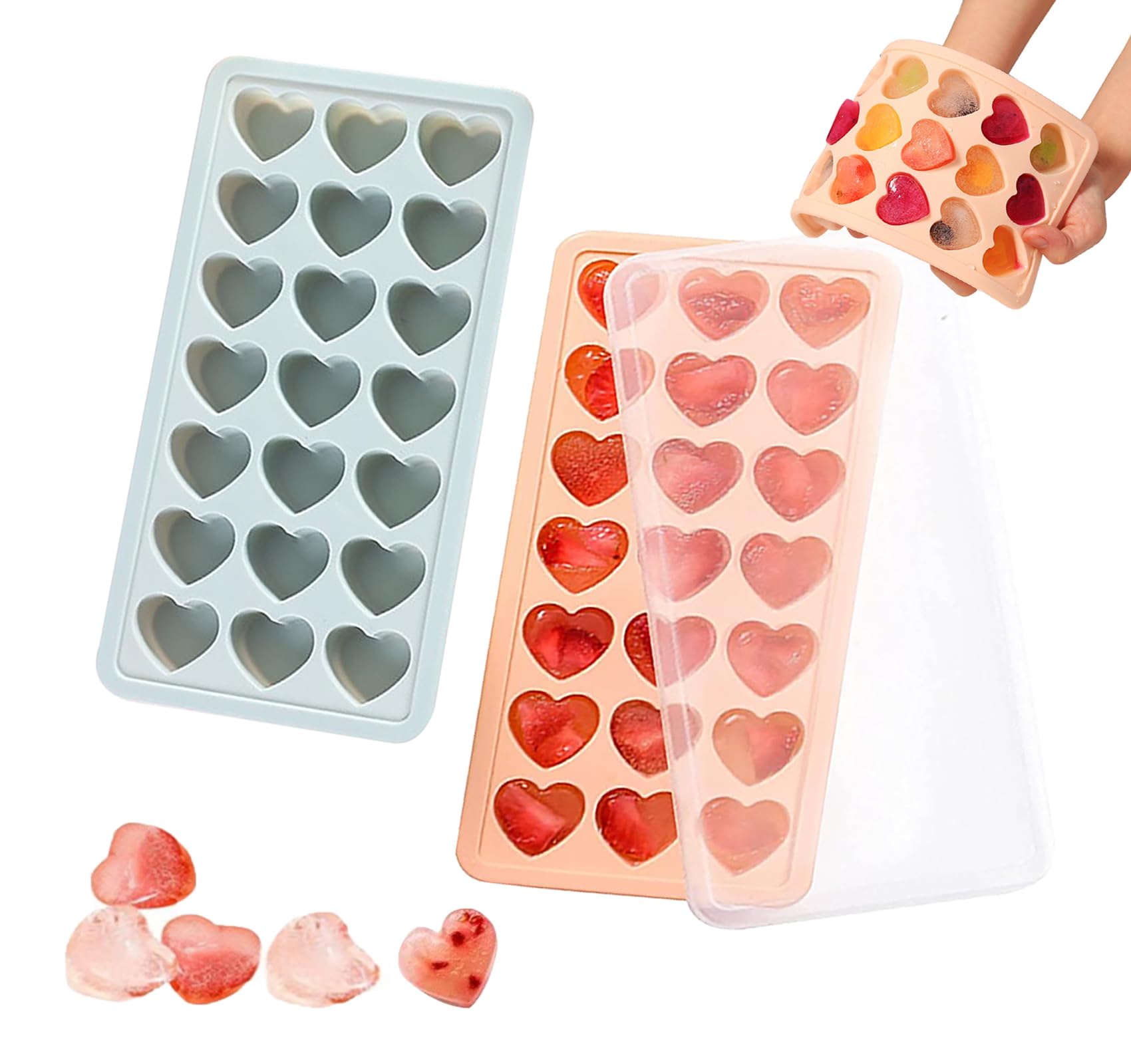 Photo 1 of 2 Pack Heart-Shaped Ice Cube Trays - 42 Holes Silicone Heart Ice Cube Tray with Lid, BPA Free and Dishwasher Safe, Mini Fun Ice Cube Mold, Easy to Remove (Pink + Blue)