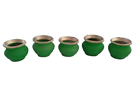 Tansa Diwali Clay Terracotta Handi Design Diya/Dipak Set of 5 Pieces Green