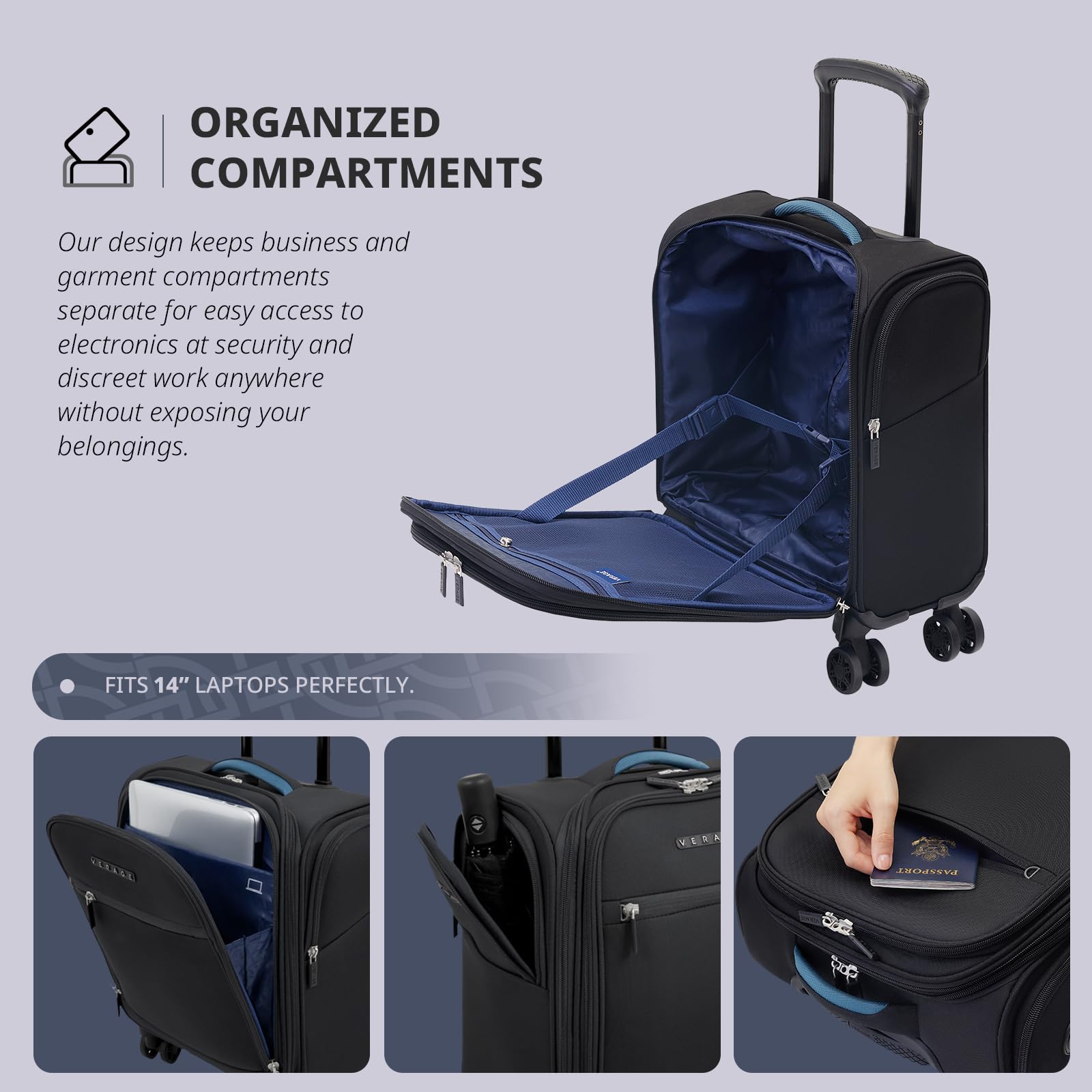 Verage Carry On Underseat Luggage with Wheels & USB Port, Wheeled Spinner Bag Carry-on Luggages for Airlines, Lightweight Suitcase Men Women, Pilots and Crew