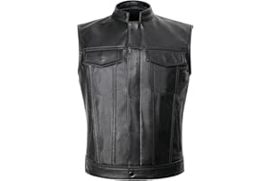 Kreeqe Men Leather Biker Vest Club Style Motorcycle Vest Concealed Carry Pockets Cowhide Back Front Panels for Patchwork