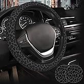 Black Leopard Print Steering Wheel Cover for Women, Universal Fit 14.5-15 Inch with Non-Slip Grip and Thermal Control, Includes 2 Ceramic Absorbent Cup Coasters, Compatible with Cars, SUVs, Trucks.