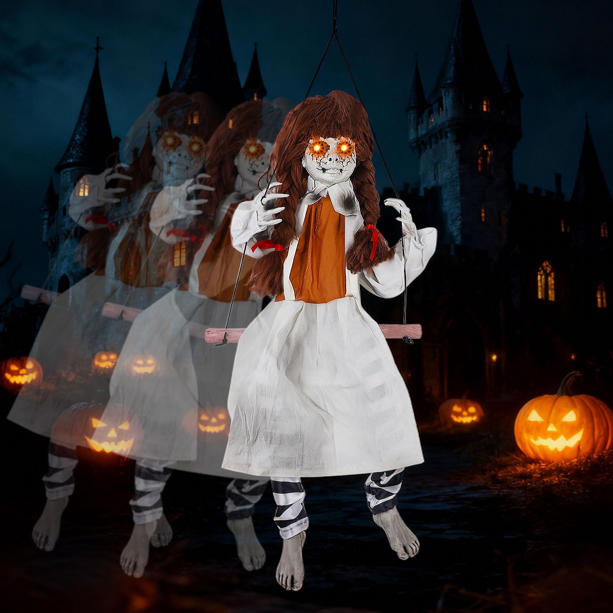 Photo 1 of Joliyoou Halloween Decorations Outdoor, 31.5" H Sound Activated Hanging Girl Sitting on A Swing