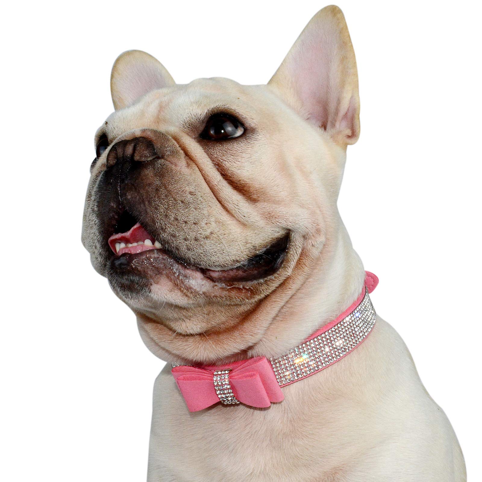 Hifrenchies Cute Crystal Rhinestones Dog Collar for Frenchie, Sparkling Diamonds Soft Suede Leather Butterfly Festival Pattern Dog Pet Collars For Small Medium Dog(L,PINK)