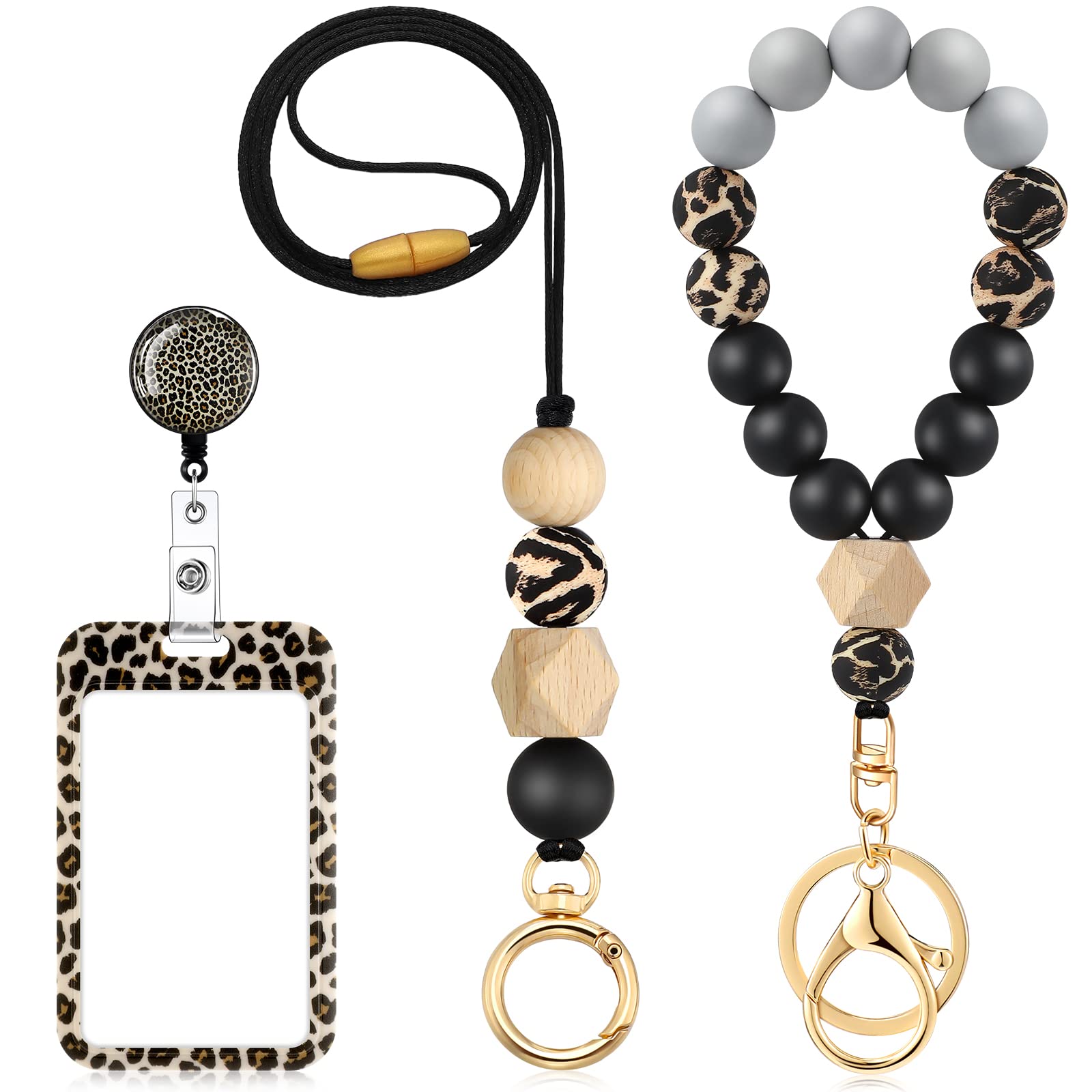 Woanger Set of 3 Leopard Beaded Lanyards for ID