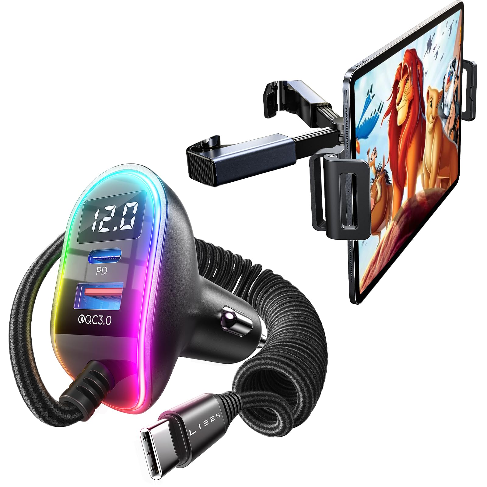 LISEN 96W Car Charger USB C Multi Port Fast Charge USB C Car Charger Adapter PD&QC & Tablet iPad Holder for Car Mount Headrest-iPad Car Holder Back Seat