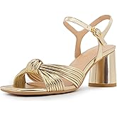 FINDVELL Women's Heeled Sandals Chunky Heel Strappy Metallic Braided Knotted Square Open Toe Ankle Strap Block Heel Sandals