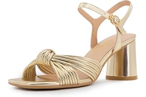 FINDVELL Women's Heeled Sandals Chunky Heel Strappy Metallic Braided Knotted Square Open Toe Ankle Strap Block Heel Sandals