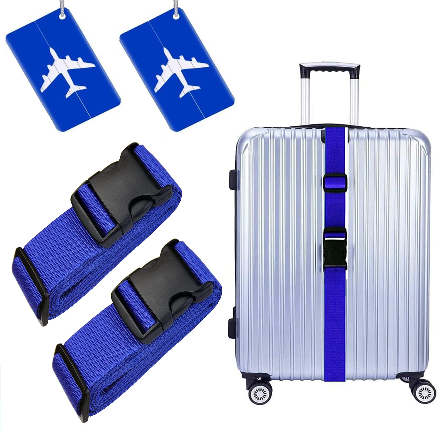 2 Pack Suitcase Straps 2 Pack Luggage Tags,Adjustable Personalised Luggage Straps Belts Set,Travel Suitcase Tags With Name ID Card,Travel Accessories (blue)