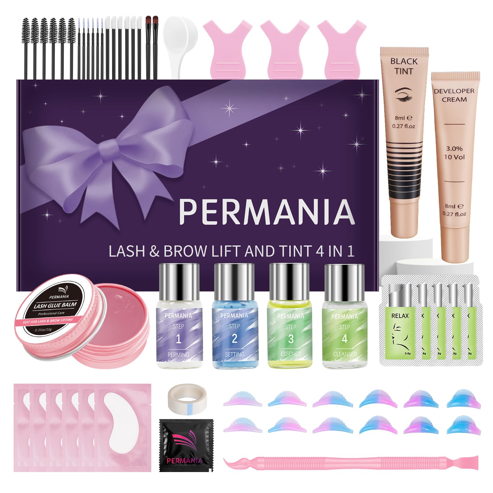 PERMANIA Eyelash Enhancement Kit with Dye 2025 New 4 in 1 Eyelash and Eyebrow Tint and Lift Kit for Salon and Home Lasts Up to 4-6 Weeks