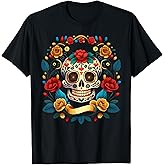 Sugar Skull Dia de Los Muertos Flowers Cinco De mayo Mexican T-Shirt
