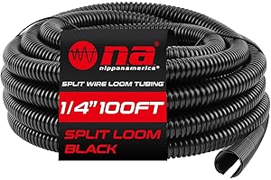 Nippon America 1/4" x 100 ft Split Wire Loom (LM-14-100 BLK), Flexible, Chemical-Resistant Protective tubing for Automotive, Home, and Industrial Wires, Prevents wear and organizes Cables