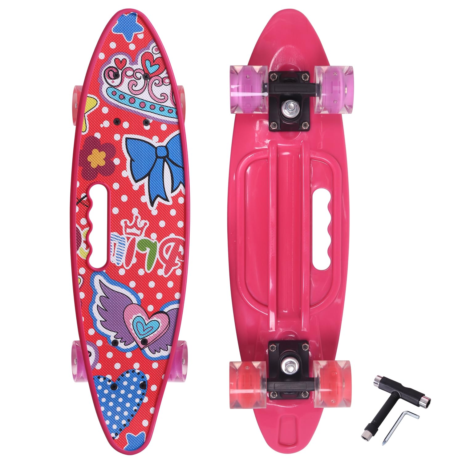 Nattork 23.5 Inch Mini Cruiser Girls Skateboard with Portable Handle Classic Retro Plastic Complete Kids Skateboard for Boys Youths Beginners(Rose Princess) Image