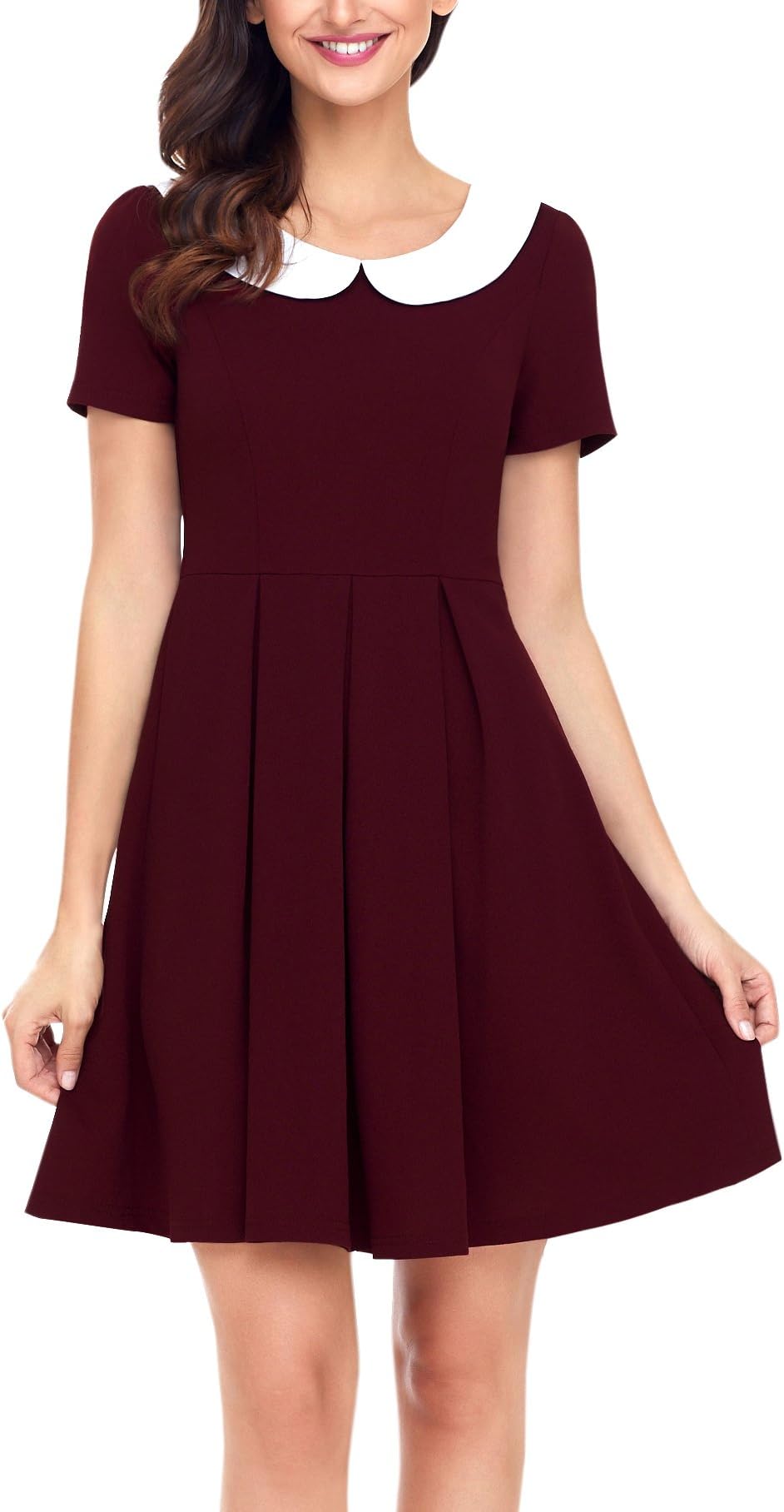 Womens Velvet Casual Short/Long Sleeve Peter Pan Collar Flare Skater Short Dress