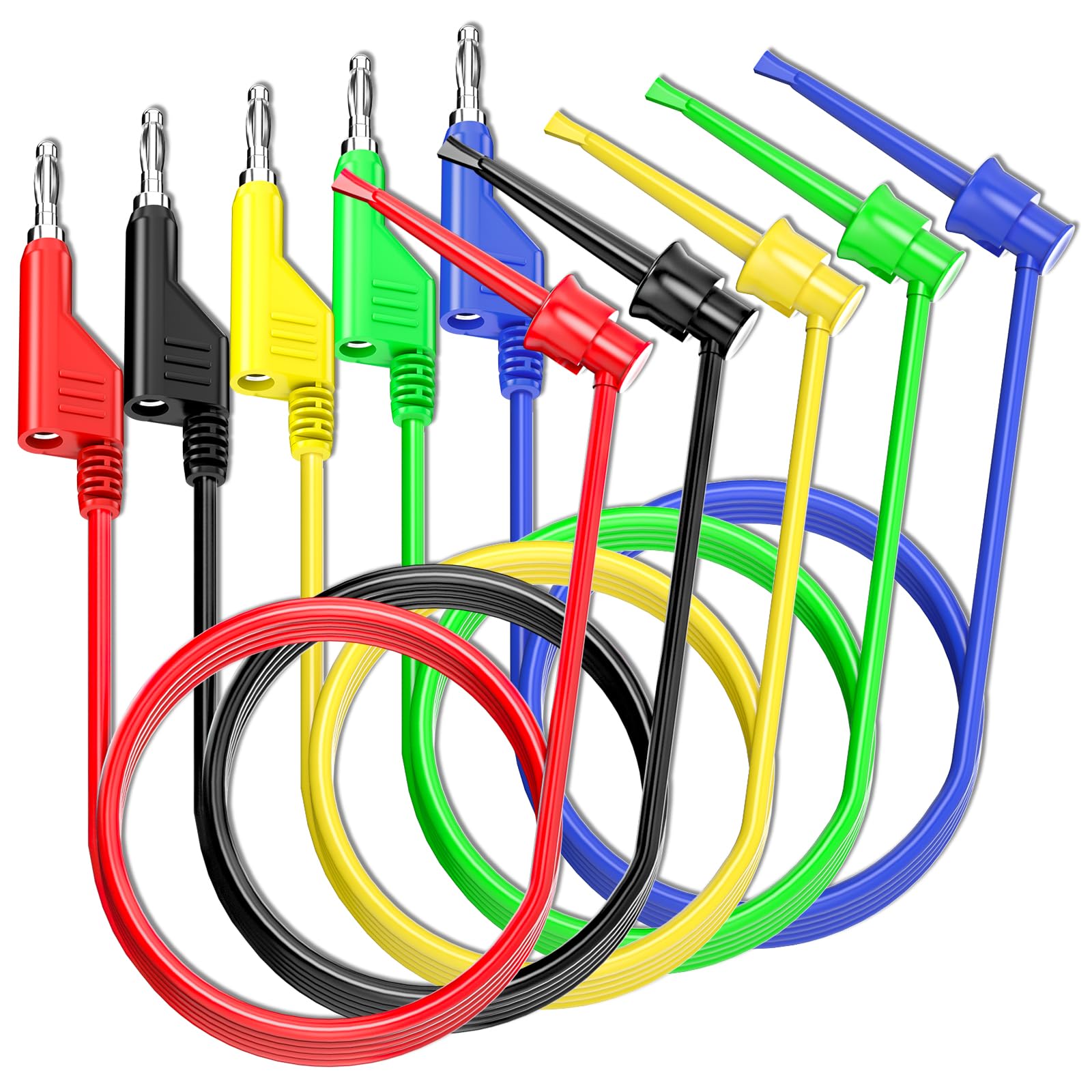 Cleqee 5PCS 4mm Banana Plug to Test Hook Clip Test Leads Stackable Banana Pulg to Test Hook Soft Cables 500V 5A for Multimeter Electric Testing