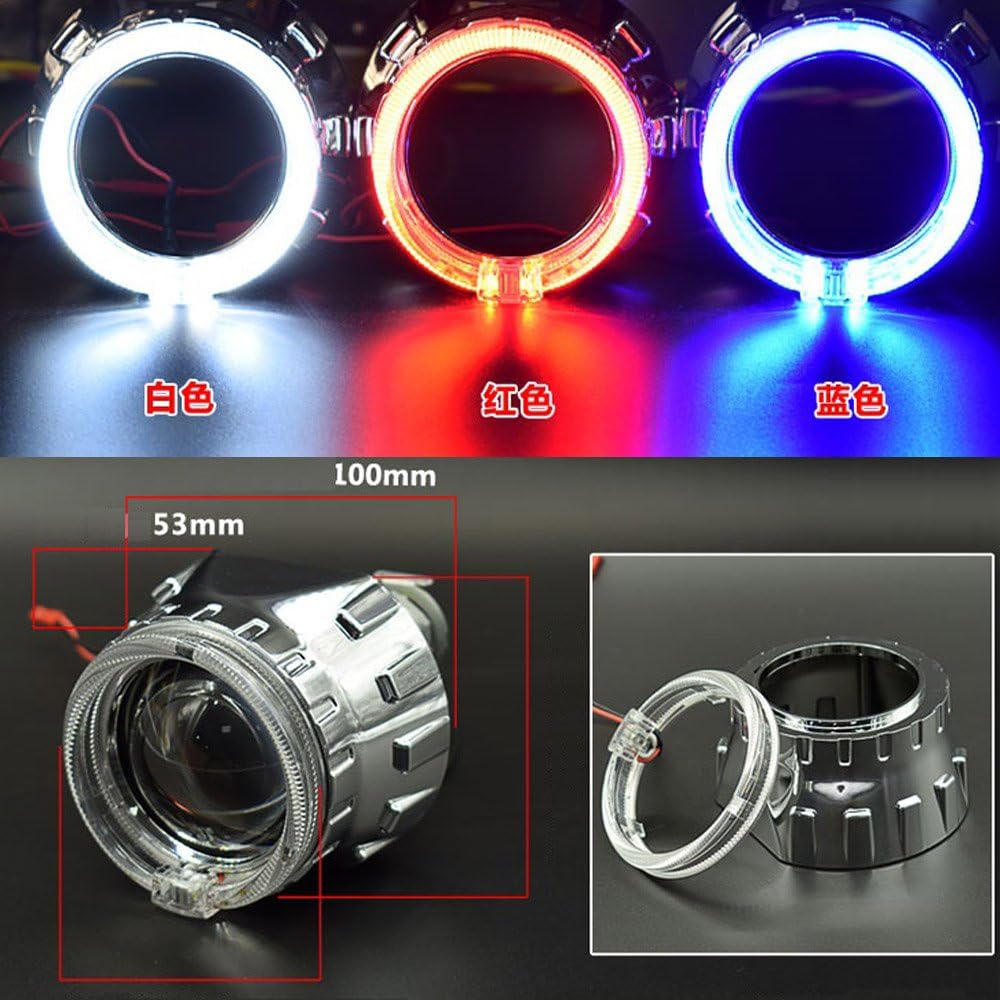 QiuKo 2.5" Mini Bixenon Projector Lens With LED Guide Angel Eyes (White/Blue/Red) & Chrome Shroud H1/H4/H7 Left Hand LH Drive